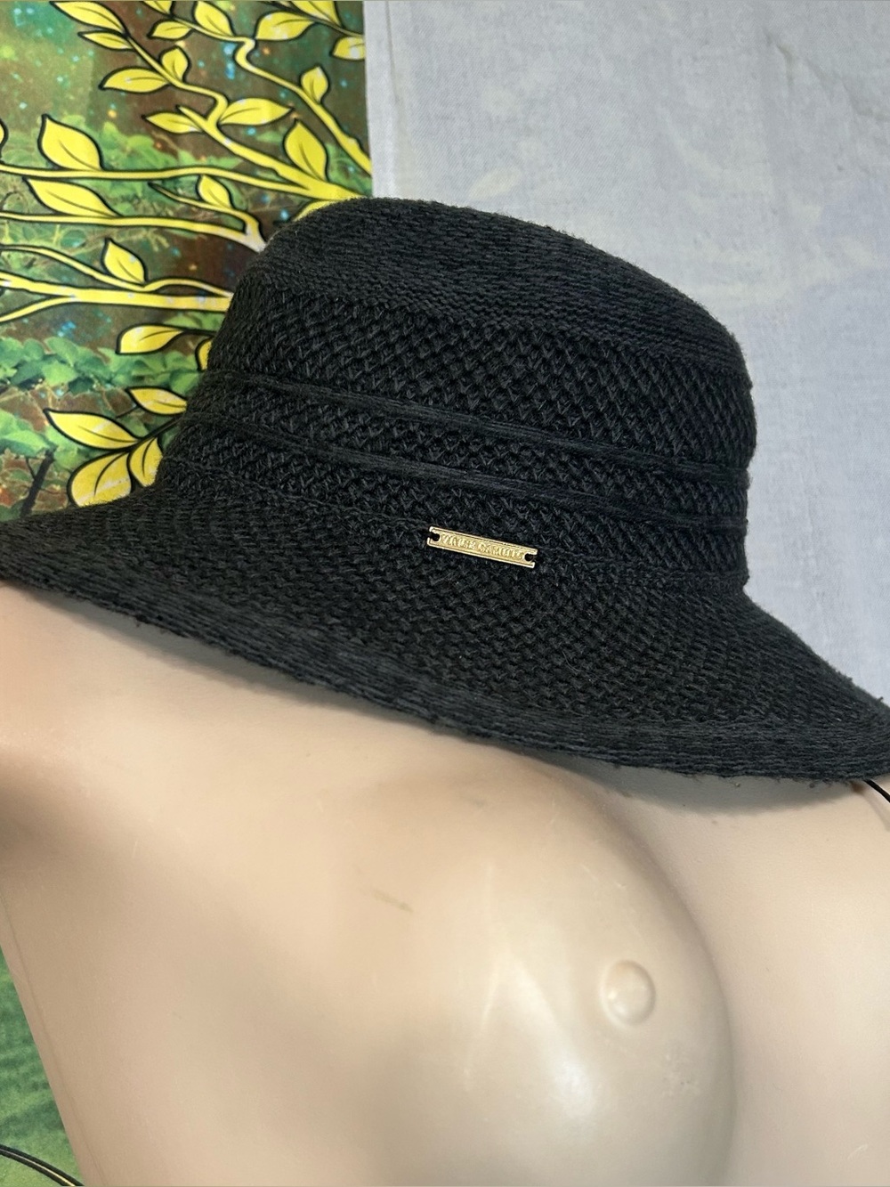 Vince Camuto Black Woven Sun Hat with Gold Logo Accent & adjustable band
